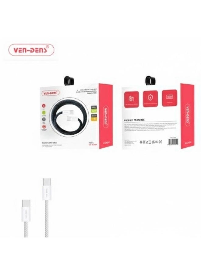 كابل VEN-DENS USB-C إلى USB-C للشحن السريع ونقل البيانات، كابل متين مضفر من النوع C للهواتف الذكية والأجهزة اللوحية وأجهزة الكمبيوتر المحمولة - أبيض